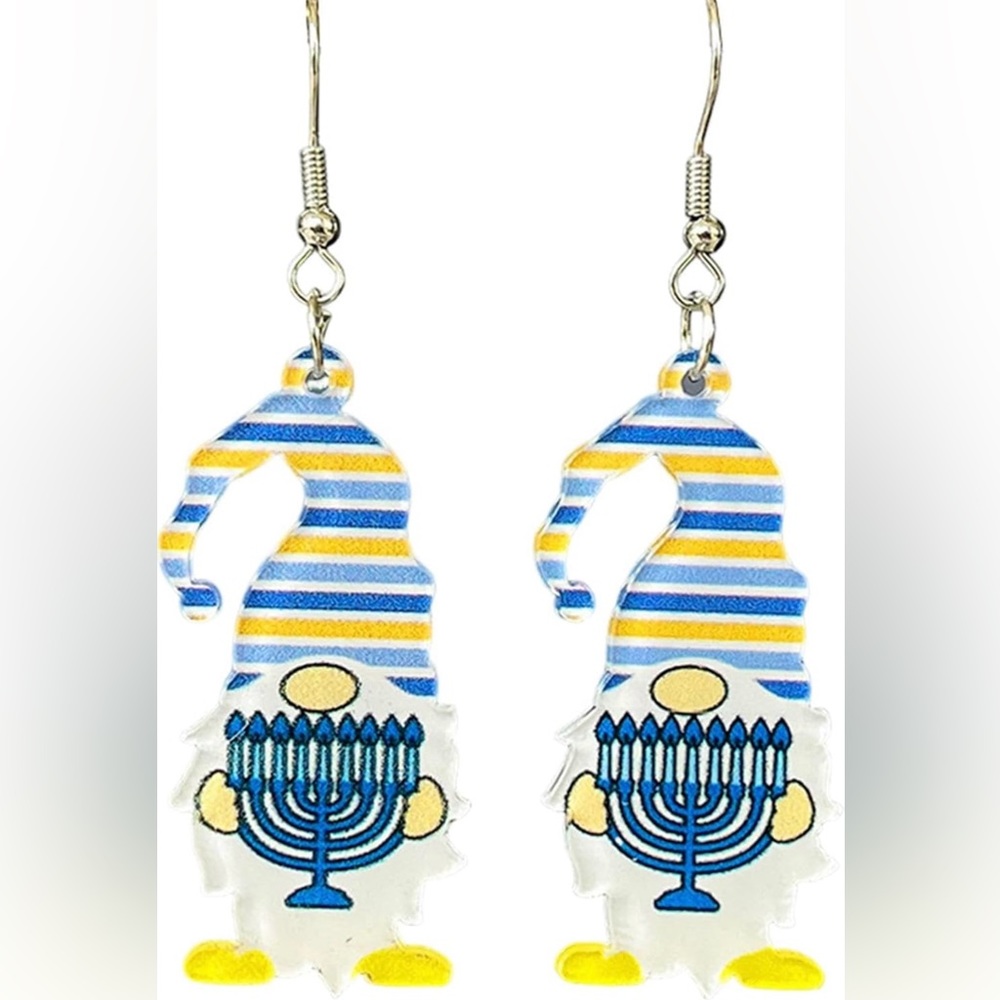 Earrings, Hanukkah Gnome Shape Dangle Earrings, NEW, Menorah